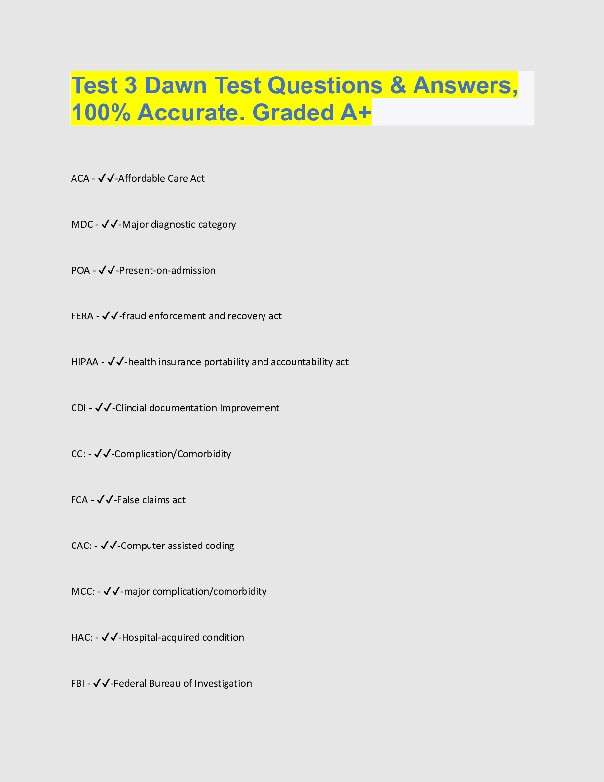 Preview image for Test 3 Dawn Test Questions & Answers,  100% Accurate. Graded A+